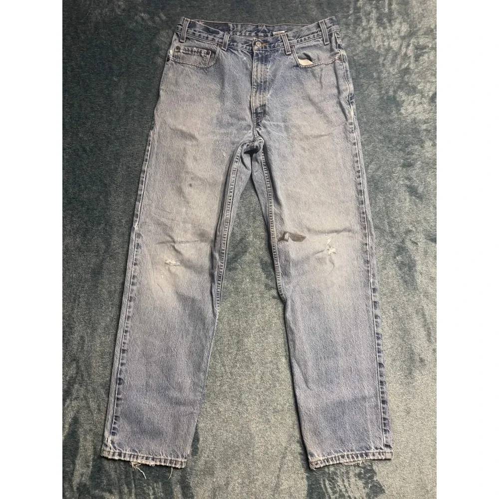 Levis Mens 36x34 Relaxed Straight Leg Jeans Light Blue Distressed Thrashed